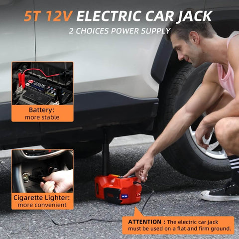5 Ton 12V Electric Car Jack Kit With Built In Impact Wrench And Tire Inflator Pump lifting SUV, showing power options.