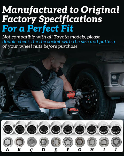 Mechanic using Wheel Lock Removal Kit With A J Wheel Lock Key for Toyota, including adapters A to J for nut removal.