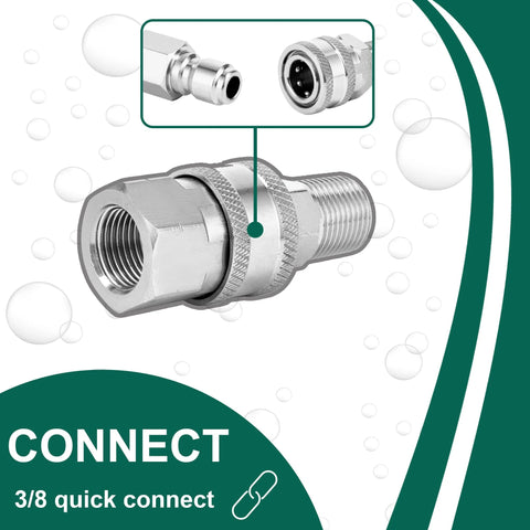 Side view of stainless steel 3/8 inch pressure washer quick-connect fitting with male and female NPT ends.