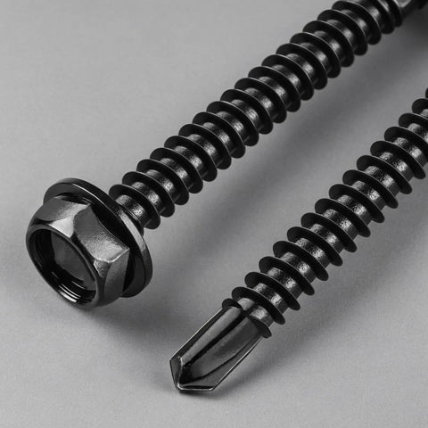 Top Grade 10 Gauge X 3/4 Inch Self Drilling Screws, 58 Pack Black Zinc Hex Washer Head Sheet Metal Fasteners, Durable 410 Stainless Steel With Drive Bit For Tough Building Jobs That Get Done Easy Without Hassle close-up showing screw head and tip.