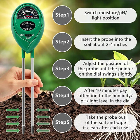 3 In 1 Soil Tester Meter For Moisture pH And Light No Batteries Required Battery Free Easy Readouts For Plants And Home Gardeners Quick Accurate Readings For Smart Gardening in soil