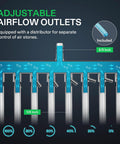 Front infographic of a blue 8-outlet air pump manifold with adjustable airflow for aquarium and hydroponic systems