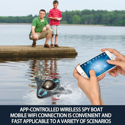 Person controlling Biomimetic Devil Fish Inspired Six Channel Waterproof RC Boat with phone at lake, real-time video footage