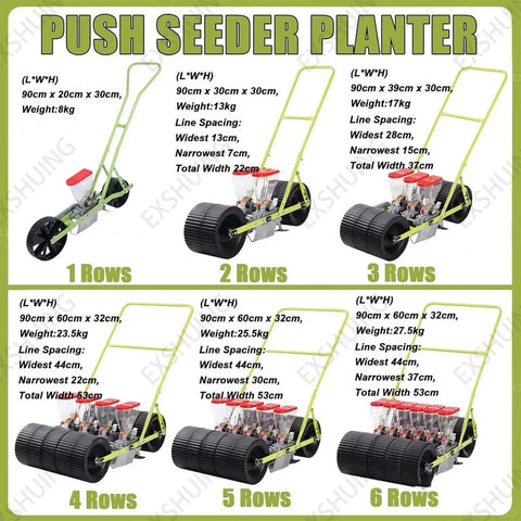 Image showing manual seed drills with 1 to 6 rows capacity, within the Two Row Corn Planter And Garden Seeder For Home Gardens Manual Seed Drill And Handy Seed Spreader For 40 Plus Crops Precise Planting Depth From 0 To 2 Inches And Row Spacing From 2.8 To 17.3 Inches Easy Setup And Efficient Planting For Lawn And Garden product range.
