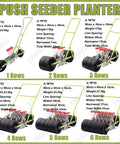 Different models of Easy Seed Sprayer And Corn Planter Hand Seeder For 40 Plus Crops showing 1 to 6 row options.