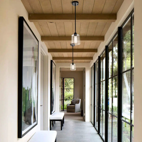 Vintage Glass Pendant Light With Clear Shade Black Single Hanging Pendant Lighting For Farmhouse Kitchen Island Dining Room Entryway Foyer Ideal For Island Bar Lighting Easy Install Lit Ambient Glow Vintage Farmhouse Style That Suits Modern Homes in a modern hallway
