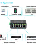 Rugged Industrial 16-Port Gigabit Ethernet Switch With 10/100/1000Mbps RJ45, showing various applications like factory automation.