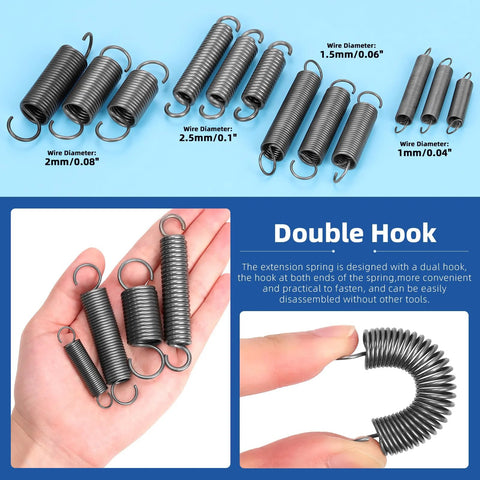 Glarks 36-piece stainless steel extension springs with opening hooks, 12 sizes, assorted wire diameters 1–2.5 mm