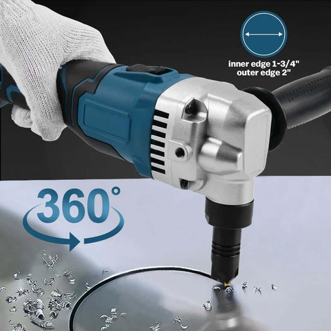 Cordless Nibbler 18V 3 Speed Adjustable 16 Gauge Sheet Metal Cutter with Brushless Motor cutting metal at 360 degrees