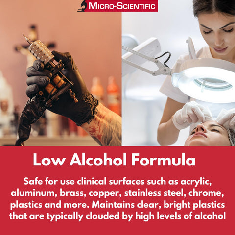 Image showing tattoo artist with machine on the left and esthetician treating a client under magnifying lamp on the right, showcasing low alcohol formula products.