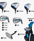Strata 12 Piece Complete Golf Club Set for Men Right Hand Blue with driver, wood, hybrid, irons, putter, and golf bag.