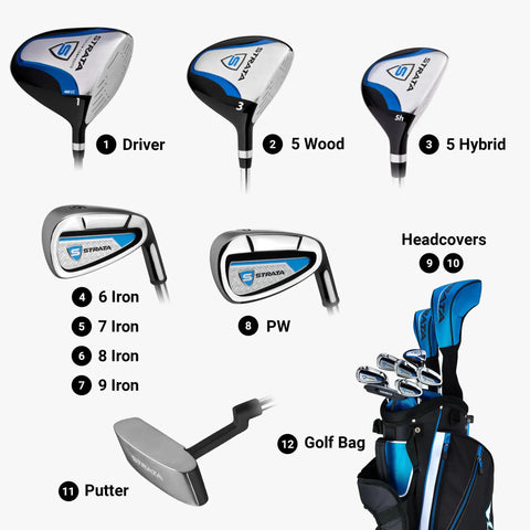 Strata 12 Piece Complete Golf Club Set for Men Right Hand Blue with driver, wood, hybrid, irons, putter, and golf bag.