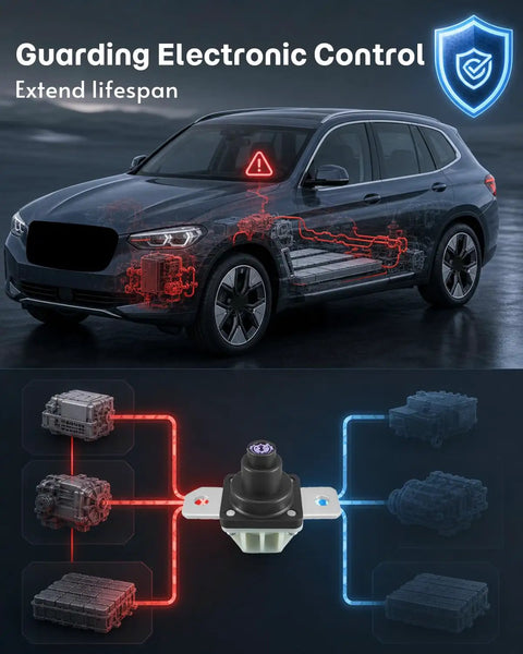 Heavy Duty High Voltage Pyro Fuse Actuator Straight Drop In Hybrid Electric Battery Safety Cutoff Switch for BMW models, shown in vehicle context.