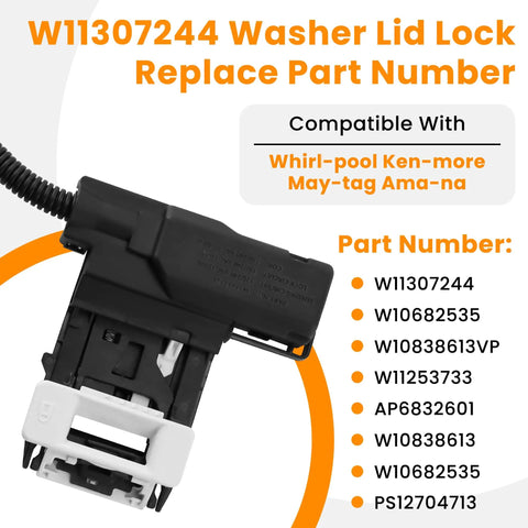 Stress Free Washer Lid Lock Switch Replacement For Whirlpool Kenmore Maytag And Amana Washers W11307244 detailed view with part numbers.