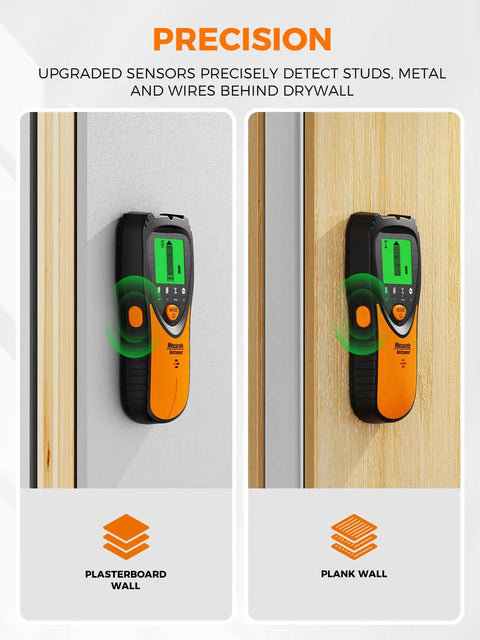 Five In One Stud Finder Wall Scanner detecting studs in plasterboard and plank walls with LCD display and audio alarm