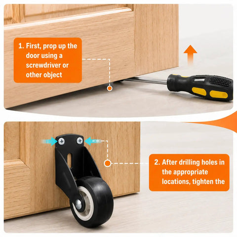 Stop The Drag And Fix Stubborn Sag Fast With These Heavy Duty 2 Inch Gate Caster Wheels showing installation steps with screwdriver and caster wheel.