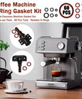 60Pcs Coffee Machine O Ring Seal Kit Silicone O Ring Replacement Set shown with espresso maker and gaskets