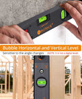 Bubble level tool being used in construction, showing sensitivity to angle changes, highlighting horizontal and vertical leveling features.