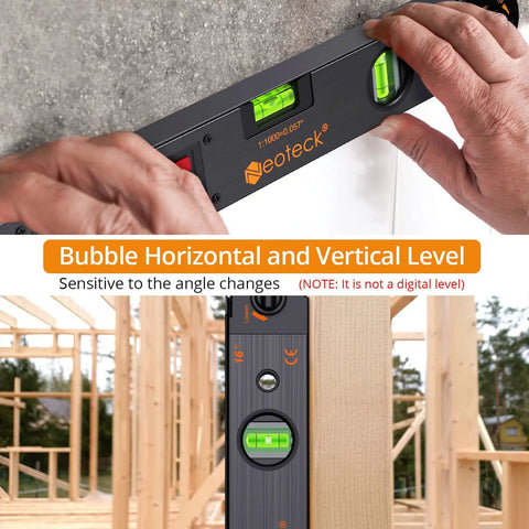 Bubble level tool being used in construction, showing sensitivity to angle changes, highlighting horizontal and vertical leveling features.
