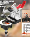 35mm Concealed Hinge Jig For Cabinets Aluminum Alloy Construction With 2 Quick Clamps shown adjusting for board thickness.