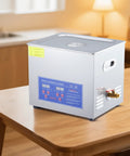 Heavy Duty 10 Gallon Ultrasonic Cleaner 240W Transducer And 300W Heater 40KHz Stainless Steel Tank on wooden table.