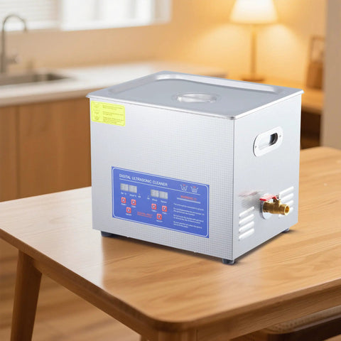 Heavy Duty 10 Gallon Ultrasonic Cleaner 240W Transducer And 300W Heater 40KHz Stainless Steel Tank on wooden table.
