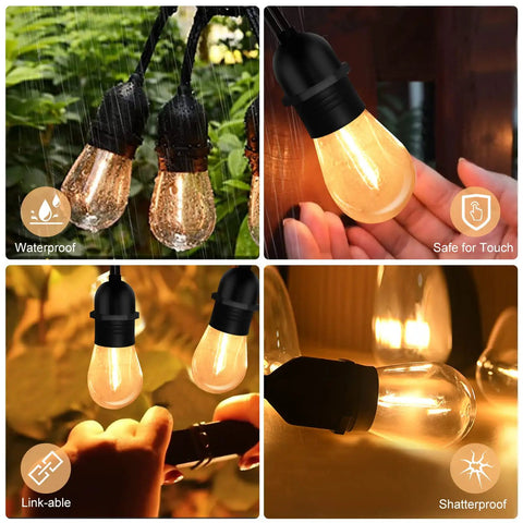 Collage of Two 50 Foot Dimmable Edison Style Shatterproof String Lights With 32 LED Bulbs 100 Feet Total Weatherproof