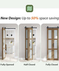 Three views of a Double 15x84 Frosted Glass Barn Door Set In Brown Finish Sliding Bifold Closet Doors showing open, half-closed, and closed.