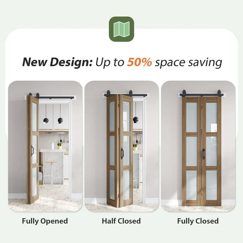 Three views of a Double 15x84 Frosted Glass Barn Door Set In Brown Finish Sliding Bifold Closet Doors showing open, half-closed, and closed.