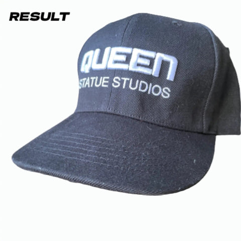 Black cap with 'Queen Statue Studios' logo, Hat Shaper Brim Bender Set for Perfect Curve on Fitted Hats Two Size Adjustable Tools shown.