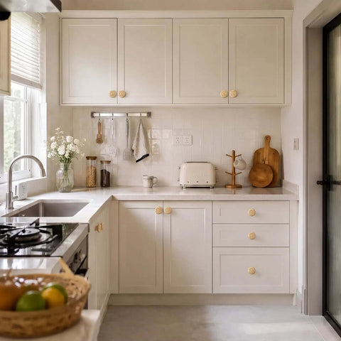Deadset Classic Light Yellow Ceramic Cabinet Knobs Bundle Featuring 24 Round Vintage Drawer Pulls With Complete Mounting Hardware For Seamless Kitchen Makeover on white kitchen cabinets.