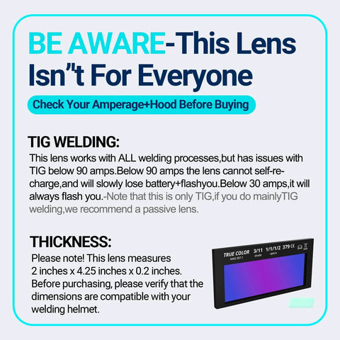 Auto Darkening Welding Lens For Helmet With HD True Color Optics 2x4.25 Inch Shade 3 And 11 shown with specifications and warnings