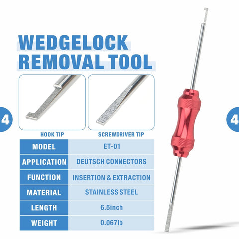 Stainless steel wedgelock removal tool for Deutsch connectors with hook and screwdriver tips, 6.5 inches long, model ET-01