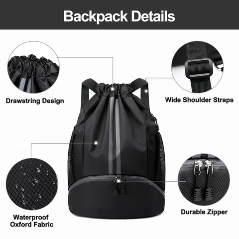 Waterproof Drawstring Gym Bag With Shoes Compartment And Wet Pocket Sports Backpack featuring waterproof oxford fabric and drawstring design