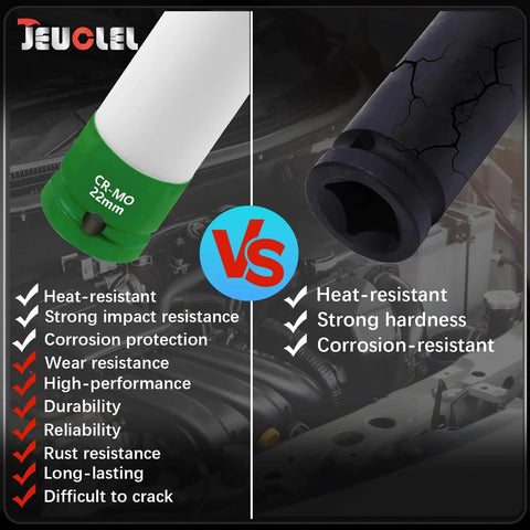 Comparison of 22mm Thin-Wall Wheel Protector Impact Socket and a standard socket in an engine setting.