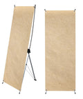 Two standing beige fabric banners on metal tripod stands.