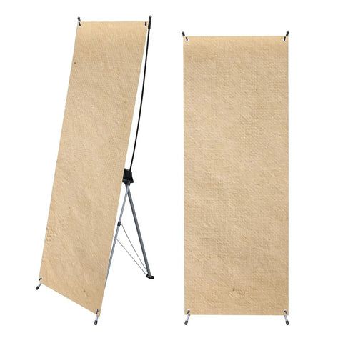 Blank beige poster stand with metal supports, front and side view displayed on white background.