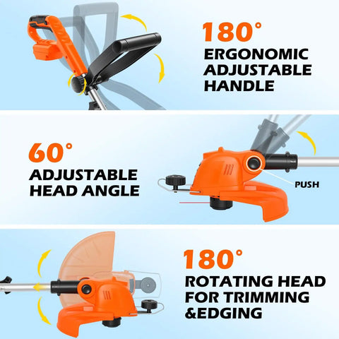 Electric Cordless Weed Wacker Trimmer With 9000RPM Cutting Head Battery Powered Lawn Edger adjustable handle angles