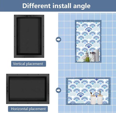 Diagram of vertical and horizontal installations of Shower Niche Shelf For Tiled Bathrooms 17 By 25 By 4 Inches Water Resistant.
