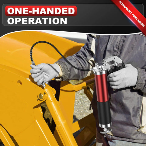 Grease gun kit with red barrel and black pistol grip, attached hose, used on yellow machinery