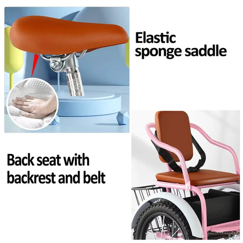 Elastic sponge saddle and back seat with belt of Outdoor Cruiser Tricycle With Pedals For Travel, 3 Wheel Pedal Bike, Red, 18 Inch