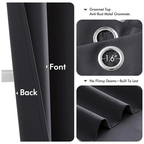 Close-up of Dark Gray Blackout Curtains for Bedroom and Living Room Two Panels 40 By 63 Inches with silver grommets and folds.