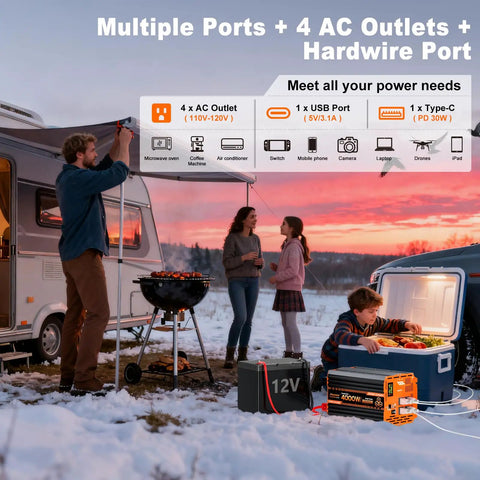 Heavy Duty 4000 Watt Pure Sine Wave Inverter Converts 12V DC To 110V AC For Rv Camper Power with multiple device ports.