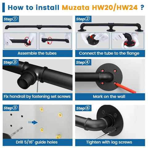Installation steps for 3.3ft Black Staircase Handrail Kit For Indoor Stairs Pipe Style Rail Bar Wall Mount Galvanized Steel
