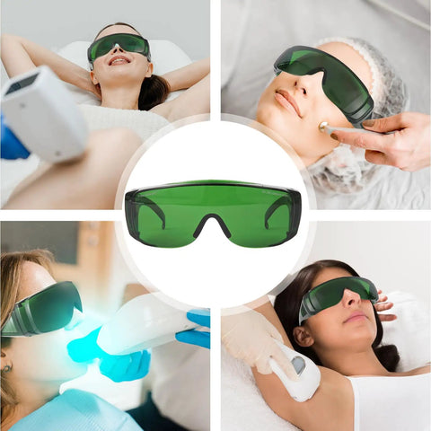 Fit-Over Laser Safety Glasses For Hair Removal And Cosmetology, Pro-Grade Oversized Green Lens, protective eyewear in use