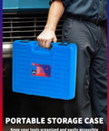 Person holding a blue storage case for the 10 Piece Ball Joint Press Kit With U Joint Removal Tool And 4x4 Adapters For Most 2WD And 4WD Vehicles