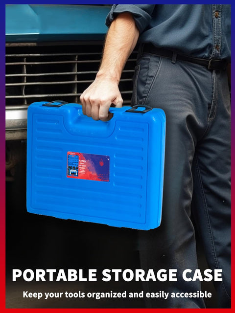 Person holding a blue storage case for the 10 Piece Ball Joint Press Kit With U Joint Removal Tool And 4x4 Adapters For Most 2WD And 4WD Vehicles