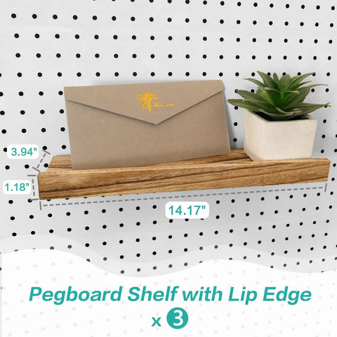 Wooden pegboard shelf with lip holding an envelope and small plant on a 14x4 inch pegboard, shown installed.