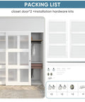 Sliding Closet Door Set 72 Inch High By 80 Inch Wide Double 37 Inch Panels With Three Lite Frosted Glass Bypass Design Includes Hardware Kit And Matching Fascia Pre Drilled Solid Wood Slab With Waterproof PVC Surface Easy Installation White