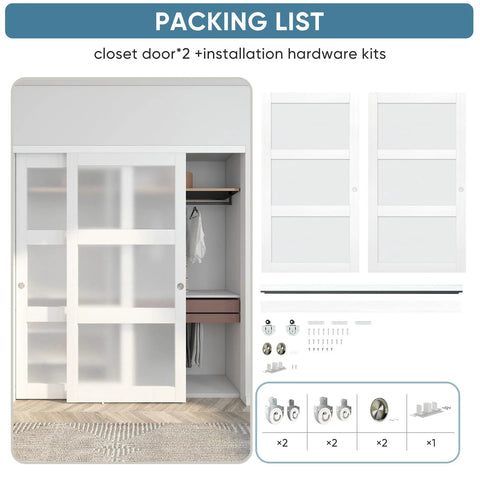 Sliding Closet Door Set 72 Inch High By 80 Inch Wide Double 37 Inch Panels With Three Lite Frosted Glass Bypass Design Includes Hardware Kit And Matching Fascia Pre Drilled Solid Wood Slab With Waterproof PVC Surface Easy Installation White